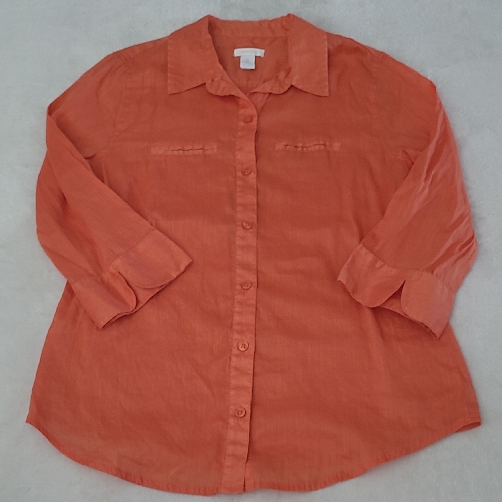 Chicos Ramie Cotton Blouse US 4 6 Burnt Orange Button Front Long Sleeve Shirt